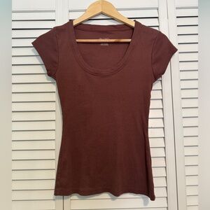 Pilcro Brown Short Sleeve T-Shirt Ribbed Scoop Neck Short Sleeve Size S